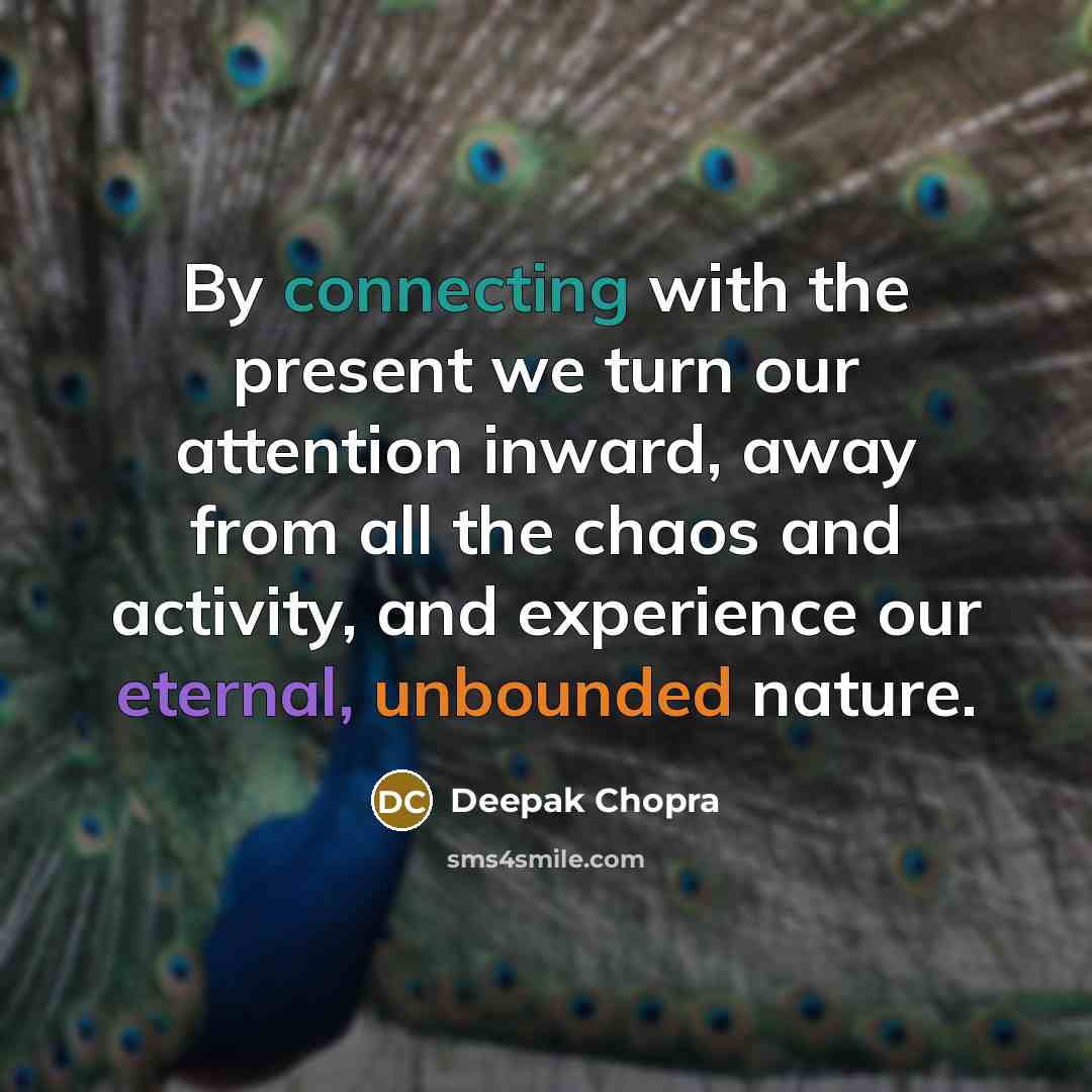 “By connecting with the present we turn our attention inward, away from all the chaos and activity, and experience our eternal, unbounded nature.” quote by Deepak Chopra