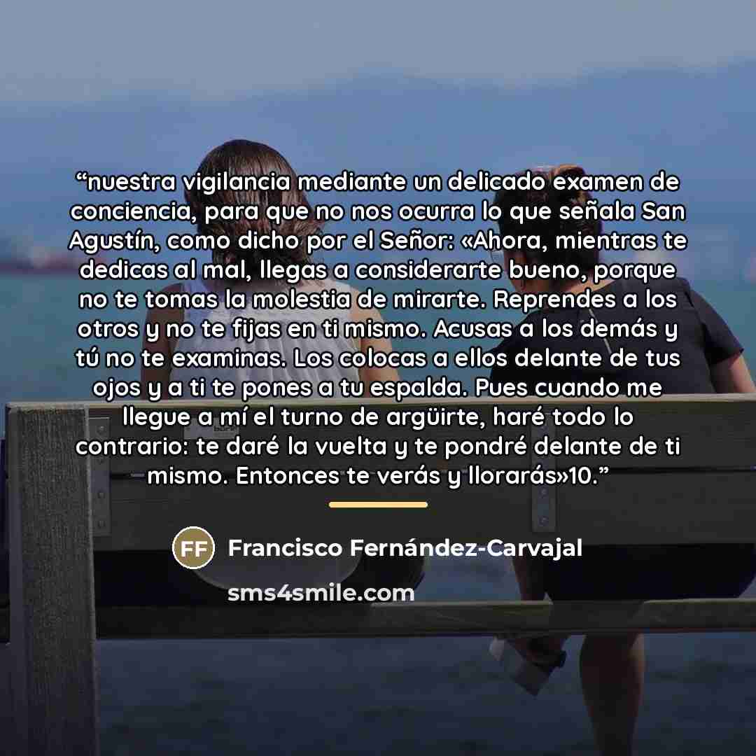 “nuestra vigilancia mediante un delicado examen de conciencia, para que no nos ocurra lo que señala San Agustín, como dicho por el Señor: «Ahora, mientras te dedicas al mal, llegas a considerarte bueno, porque no te tomas la molestia de mirarte. Reprendes a los otros y no te fijas en ti mismo…” quote by Anonymous