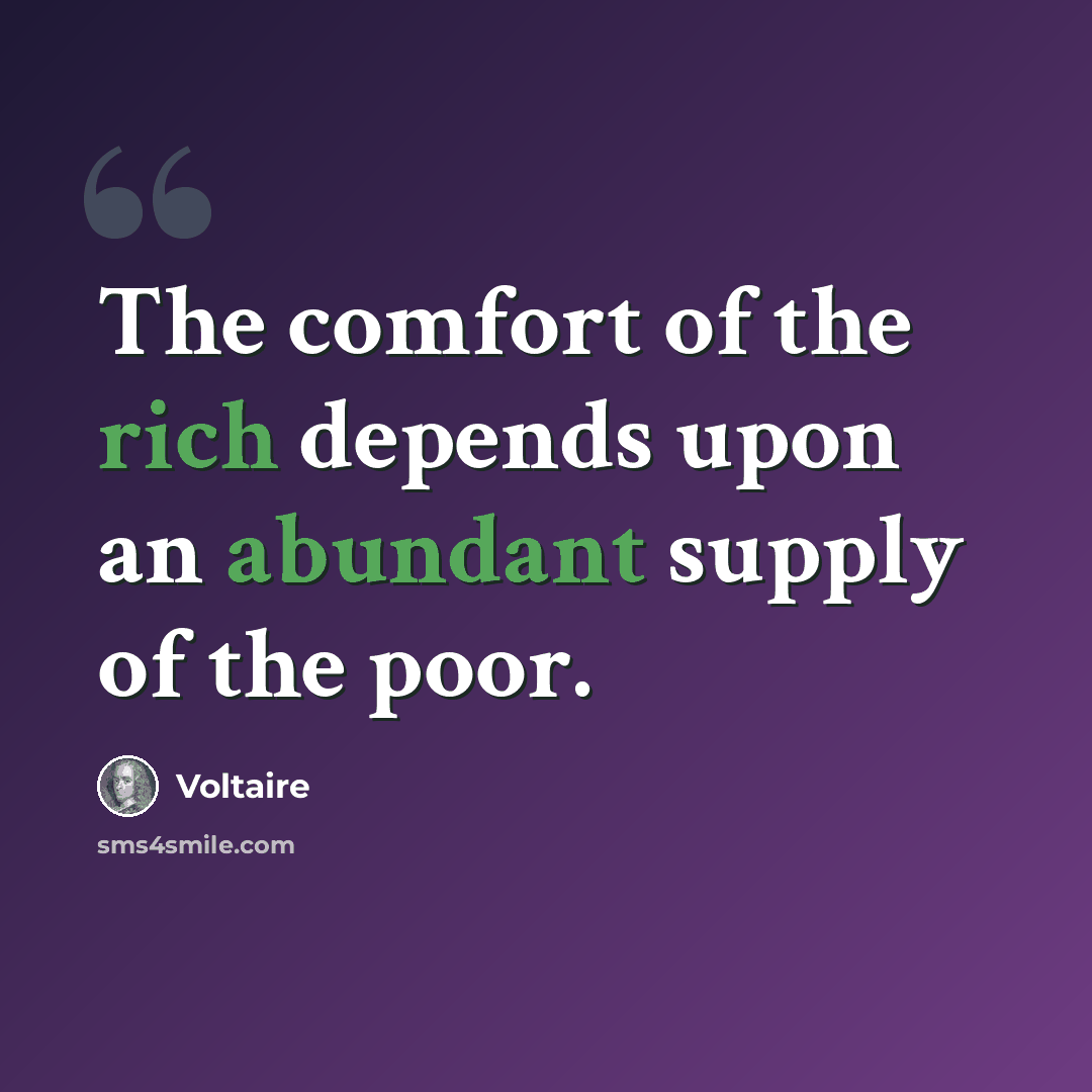 “The comfort of the rich depends upon an abundant supply of the poor.” quote by Voltaire