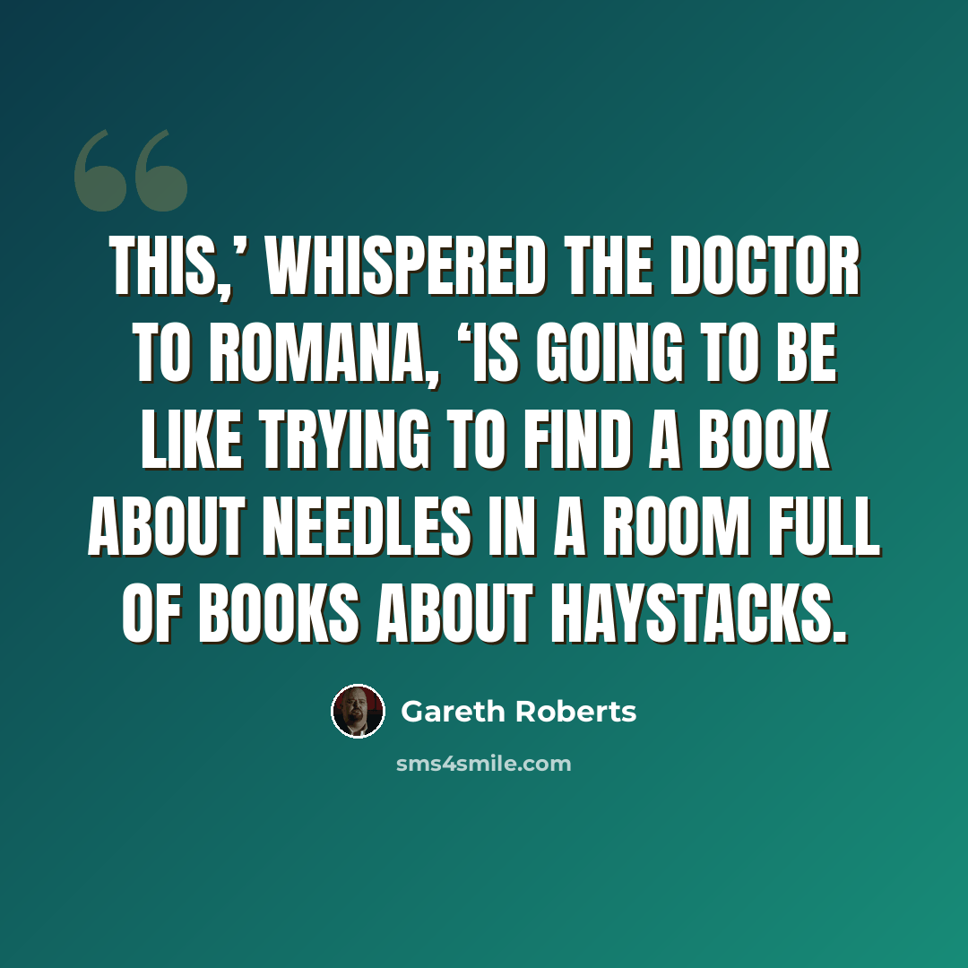 “This,’ whispered the Doctor to Romana, ‘is going to be like trying to find a book about needles in a room full of books about haystacks.” quote by Gareth Roberts