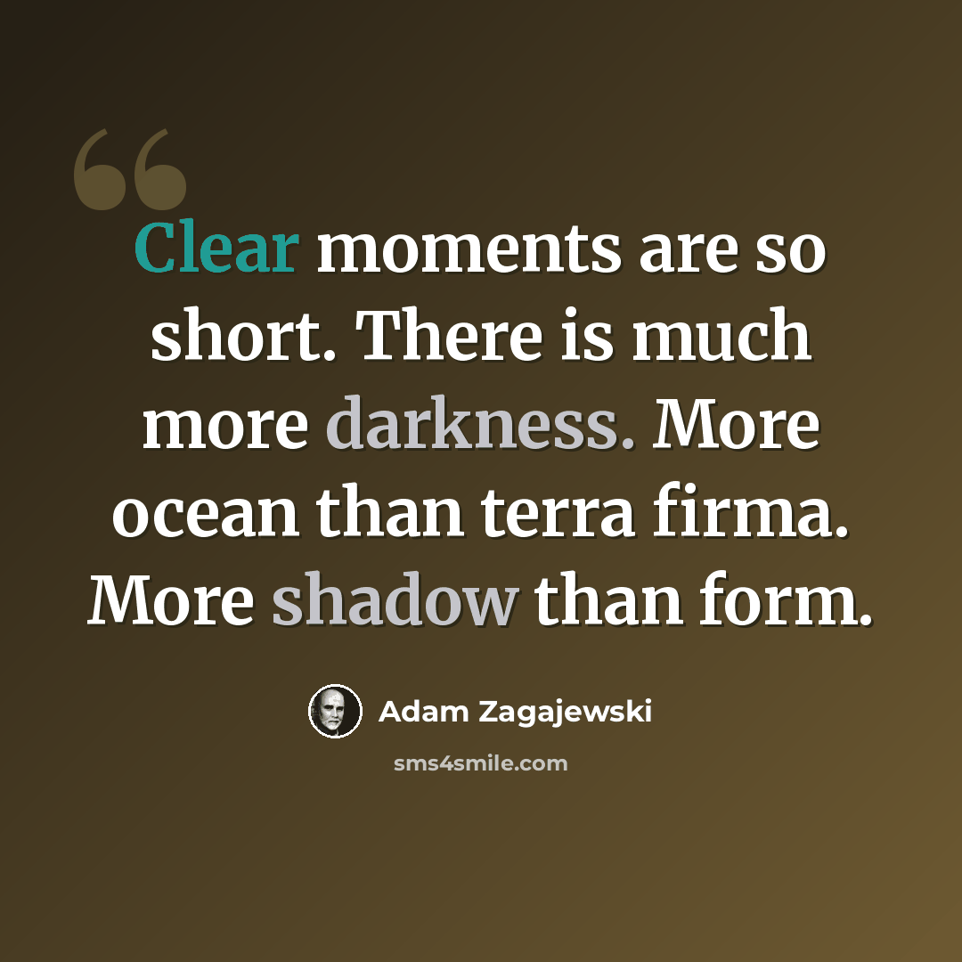 “Clear moments are so short. There is much more darkness. More ocean than terra firma. More shadow than form.” quote by Adam Zagajewski