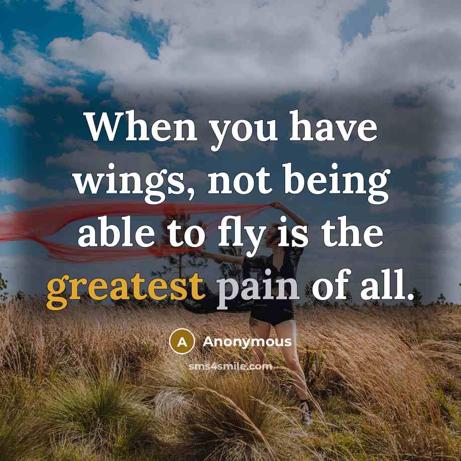 “When you have wings, not being able to fly is the greatest pain of all.” quote by Anonymous