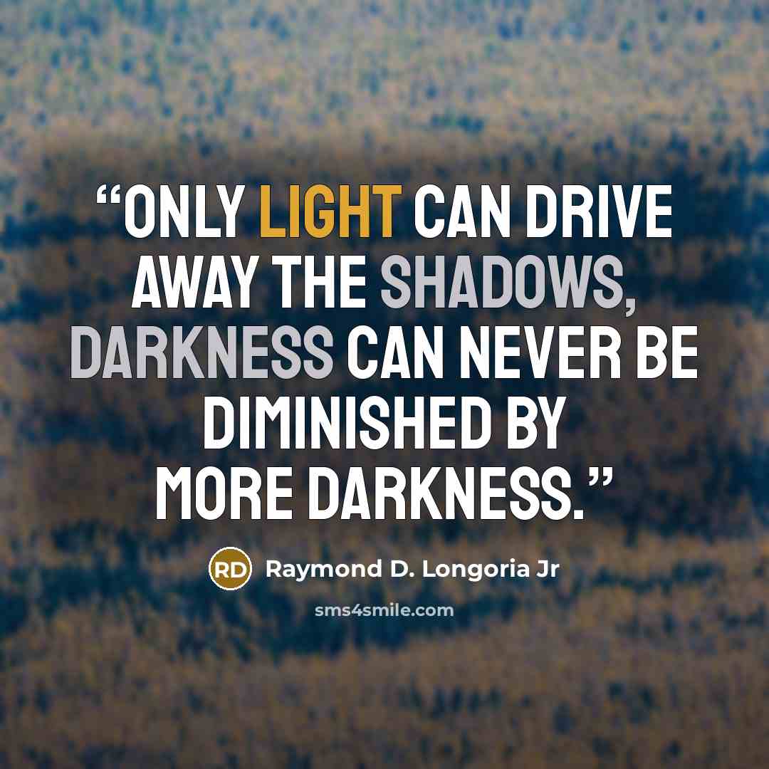 “Only Light can drive away the shadows, Darkness can never be diminished by more darkness.” quote by Raymond D. Longoria Jr