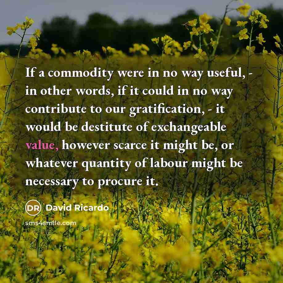 “If a commodity were in no way useful, - in other words, if it could in no way contribute to our gratification, - it would be destitute of exchangeable value, however scarce it might be, or whatever quantity of labour might be necessary to procure it.” quote by David Ricardo