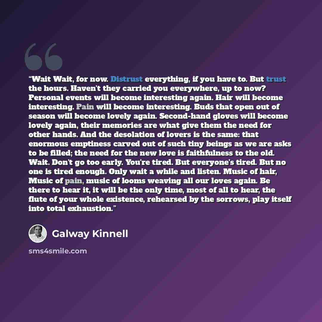 “Wait Wait, for now. Distrust everything, if you have to. But trust the hours. Haven't they carried you everywhere, up to now? Personal events will become interesting again. Hair will become interesting. Pain will become interesting. Buds that open out of season will become lovely again…” quote by Galway Kinnell
