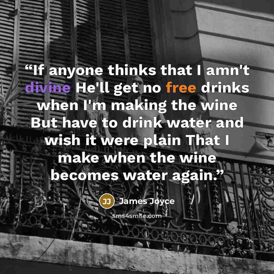 “If anyone thinks that I amn't divine He'll get no free drinks when I'm making the wine But have to drink water and wish it were plain That I make when the wine becomes water again.” quote by James Joyce