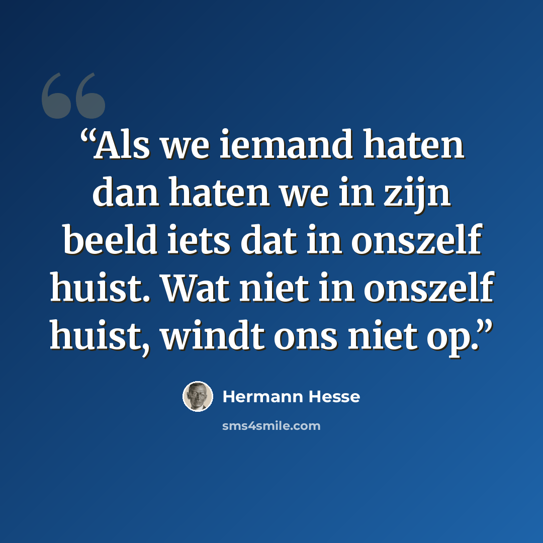 “Als we iemand haten dan haten we in zijn beeld iets dat in onszelf huist. Wat niet in onszelf huist, windt ons niet op.” quote by Hermann Hesse