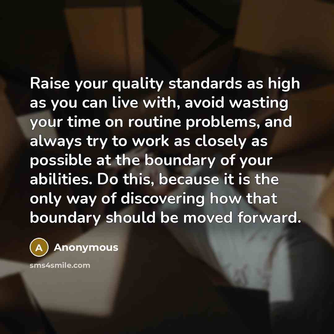 “Raise your quality standards as high as you can live with, avoid wasting your time on routine problems, and always try to work as closely as possible at the boundary of your abilities. Do this, because it is the only way of discovering how that boundary should be moved forward.” quote by Anonymous