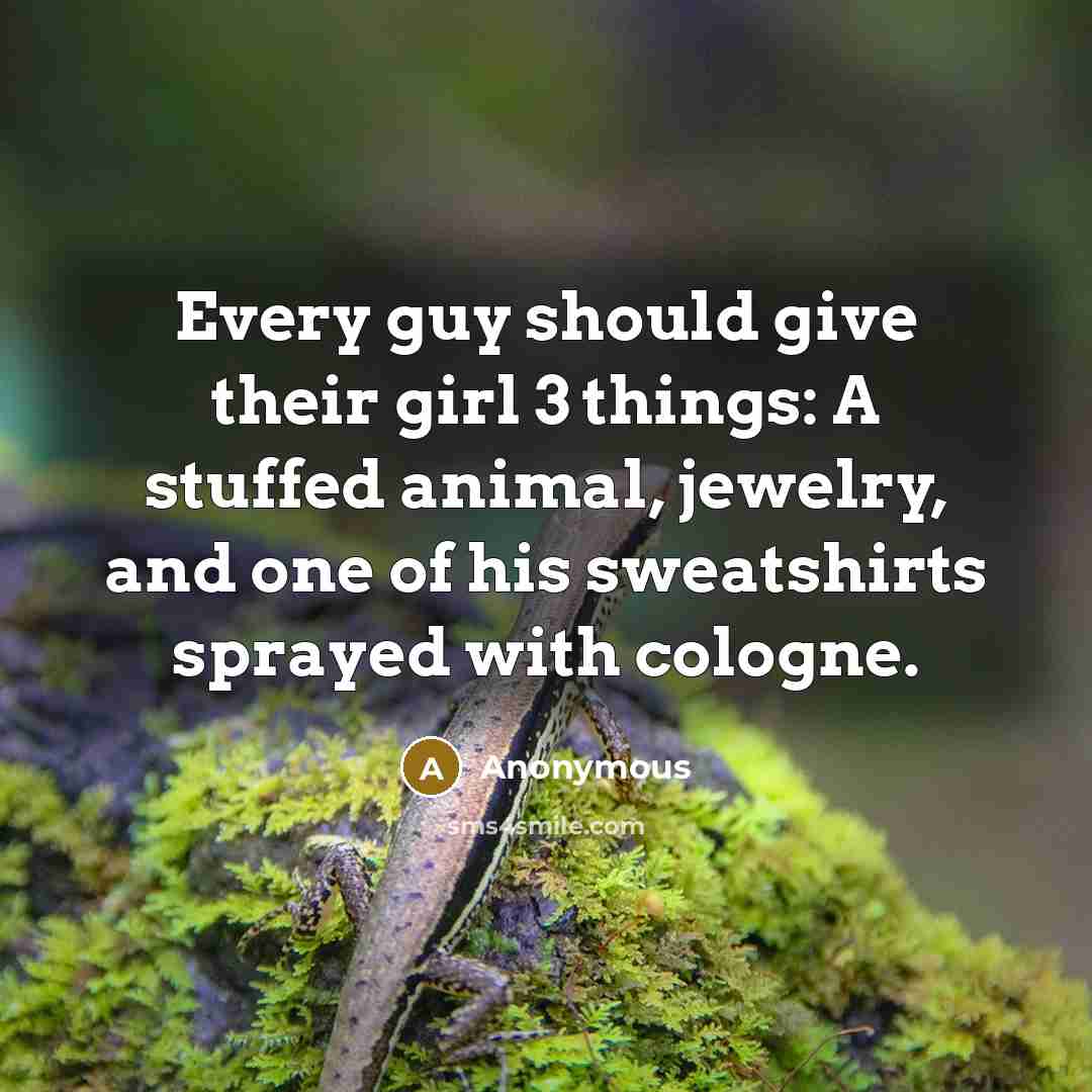 “Every guy should give their girl 3 things: A stuffed animal, jewelry, and one of his sweatshirts sprayed with cologne.” quote by Anonymous