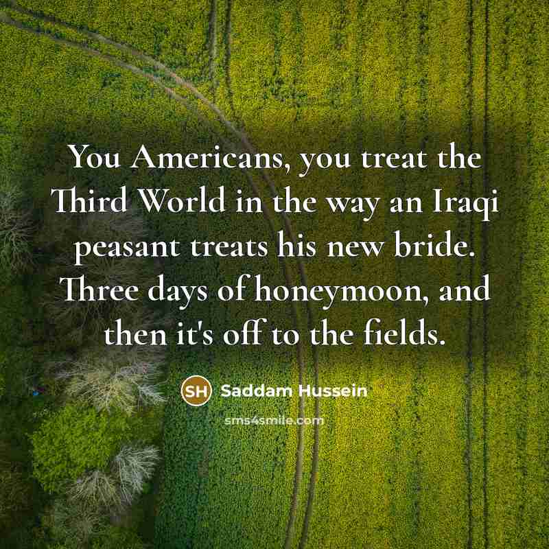 “You Americans, you treat the Third World in the way an Iraqi peasant treats his new bride. Three days of honeymoon, and then it's off to the fields.” quote by Saddam Hussein