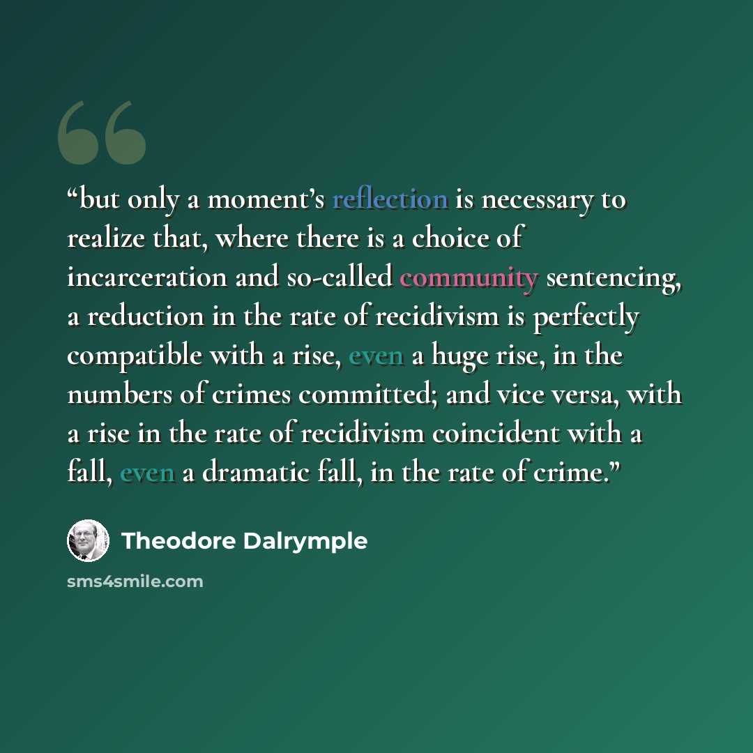 “but only a moment’s reflection is necessary to realize that, where there is a choice of incarceration and so-called community sentencing, a reduction in the rate of recidivism is perfectly compatible with a rise, even a huge rise, in the numbers of crimes committed; and vice versa, with a rise in…” quote by Theodore Dalrymple