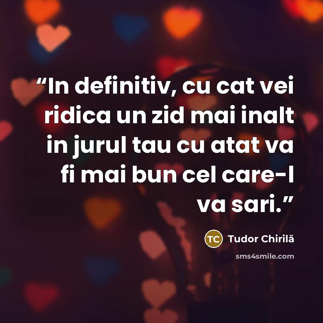 “In definitiv, cu cat vei ridica un zid mai inalt in jurul tau cu atat va fi mai bun cel care-l va sari.” quote by Tudor Chirilă