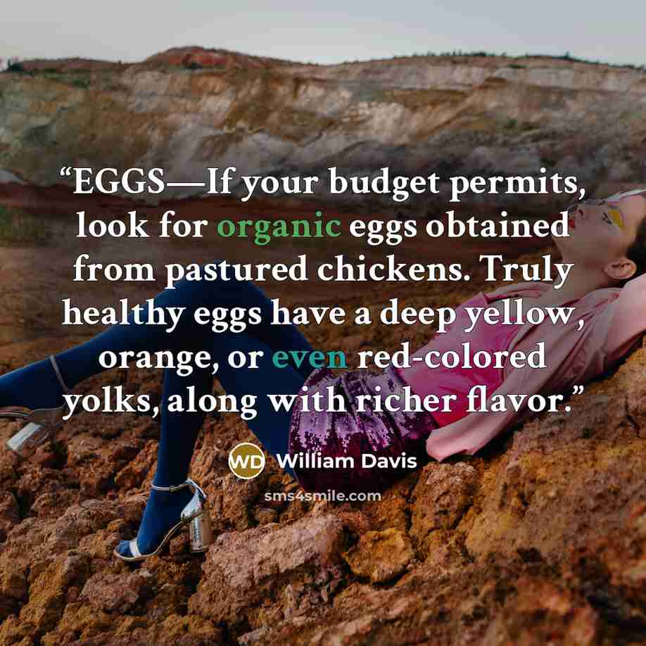 “EGGS—If your budget permits, look for organic eggs obtained from pastured chickens. Truly healthy eggs have a deep yellow, orange, or even red-colored yolks, along with richer flavor.” quote by William Davis