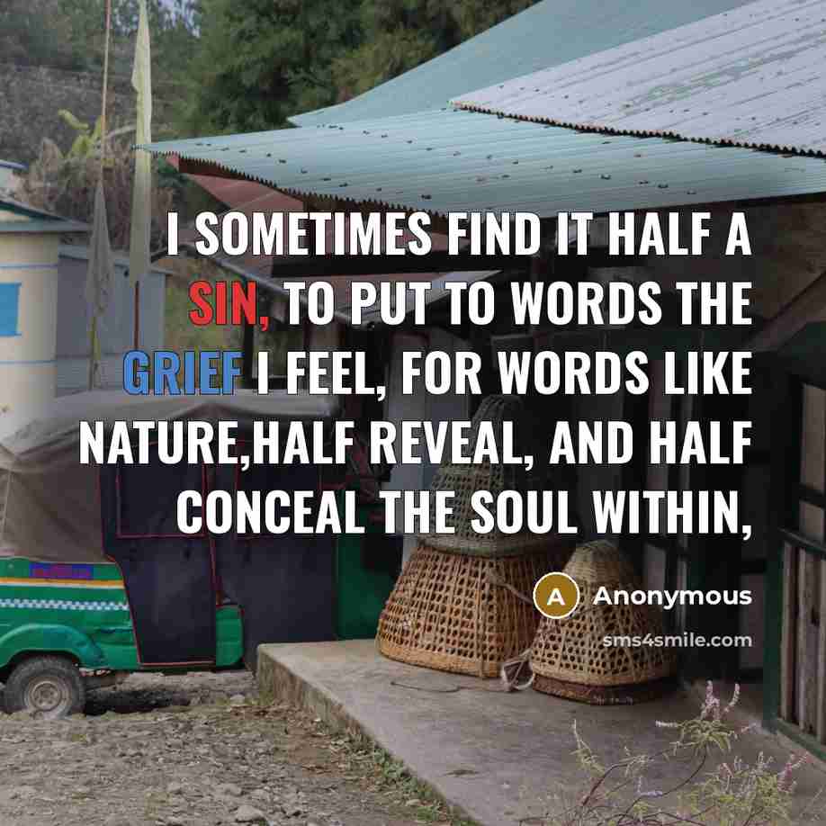 “I sometimes find it half a sin, To put to words the grief i feel, For words like nature,half reveal, and half conceal the soul within,” quote by Anonymous