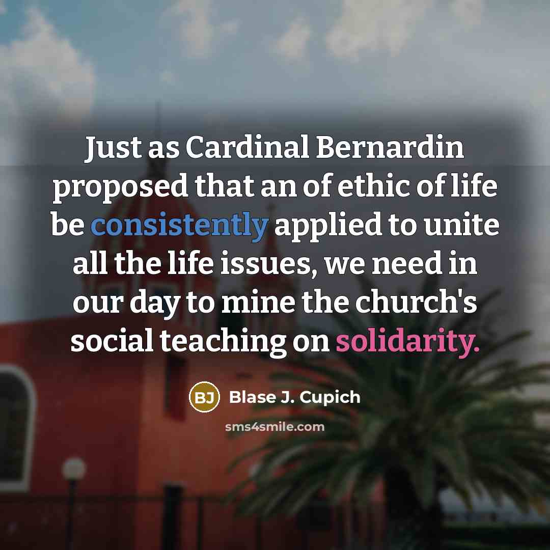 “Just as Cardinal Bernardin proposed that an of ethic of life be consistently applied to unite all the life issues, we need in our day to mine the church's social teaching on solidarity.” quote by Blase J. Cupich