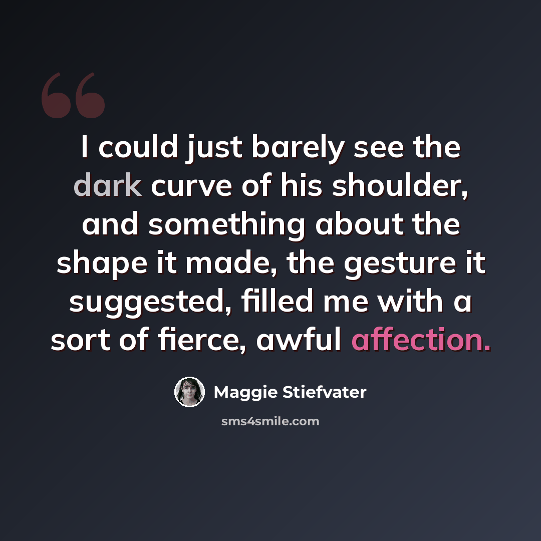 “I could just barely see the dark curve of his shoulder, and something about the shape it made, the gesture it suggested, filled me with a sort of fierce, awful affection.” quote by Maggie Stiefvater