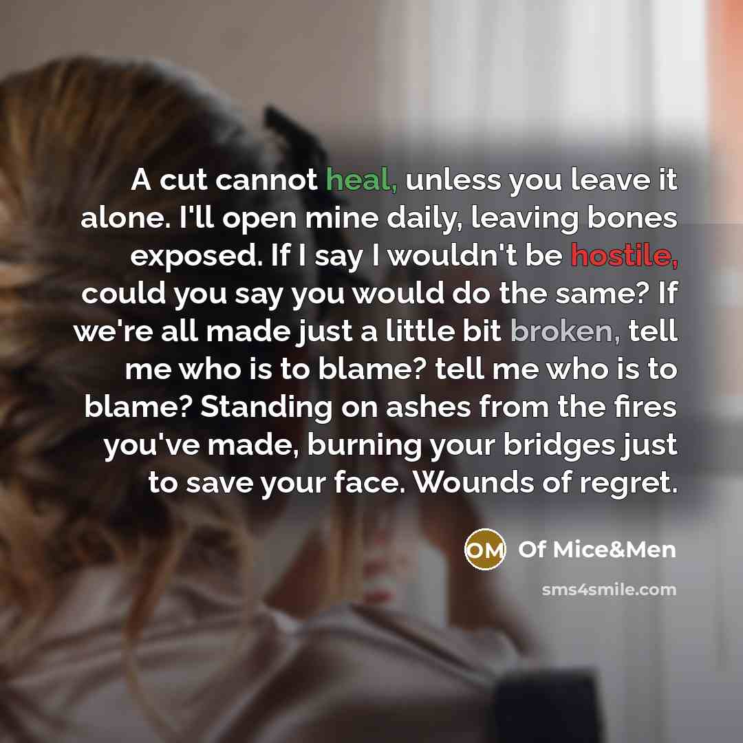 “A cut cannot heal, unless you leave it alone. I'll open mine daily, leaving bones exposed. If I say I wouldn't be hostile, could you say you would do the same? If we're all made just a little bit broken, tell me who is to blame? tell me who is to blame? Standing on ashes from the fires you've…” quote by Of Mice&Men