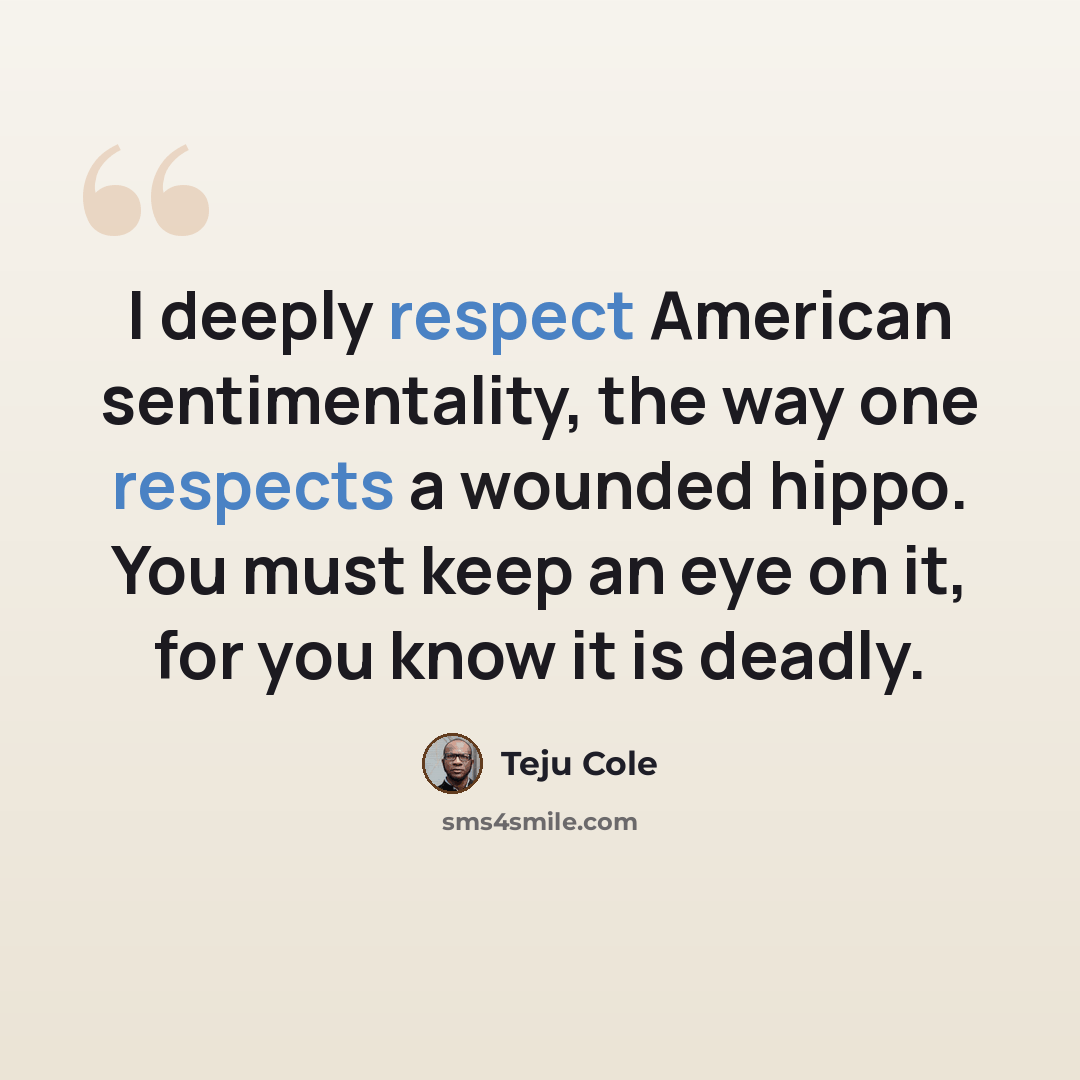“I deeply respect American sentimentality, the way one respects a wounded hippo. You must keep an eye on it, for you know it is deadly.” quote by Teju Cole