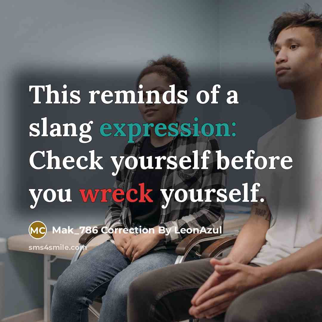“This reminds of a slang expression: Check yourself before you wreck yourself.” quote by Mak_786 Correction By LeonAzul
