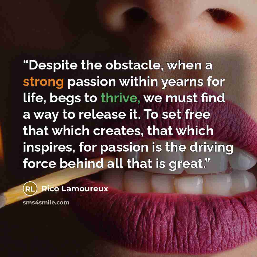 “Despite the obstacle, when a strong passion within yearns for life, begs to thrive, we must find a way to release it. To set free that which creates, that which inspires, for passion is the driving force behind all that is great.” quote by Rico Lamoureux