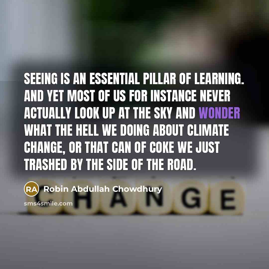 “Seeing is an essential pillar of learning. And yet most of us for instance never actually look up at the sky and wonder what the hell we doing about climate change, or that can of coke we just trashed by the side of the road.” quote by Robin Abdullah Chowdhury