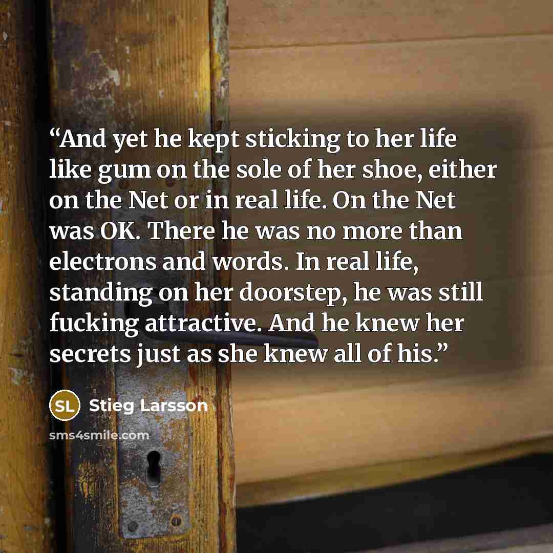 “And yet he kept sticking to her life like gum on the sole of her shoe, either on the Net or in real life. On the Net was OK. There he was no more than electrons and words. In real life, standing on her doorstep, he was still fucking attractive. And he knew her secrets just as she knew all of his.” quote by Stieg Larsson