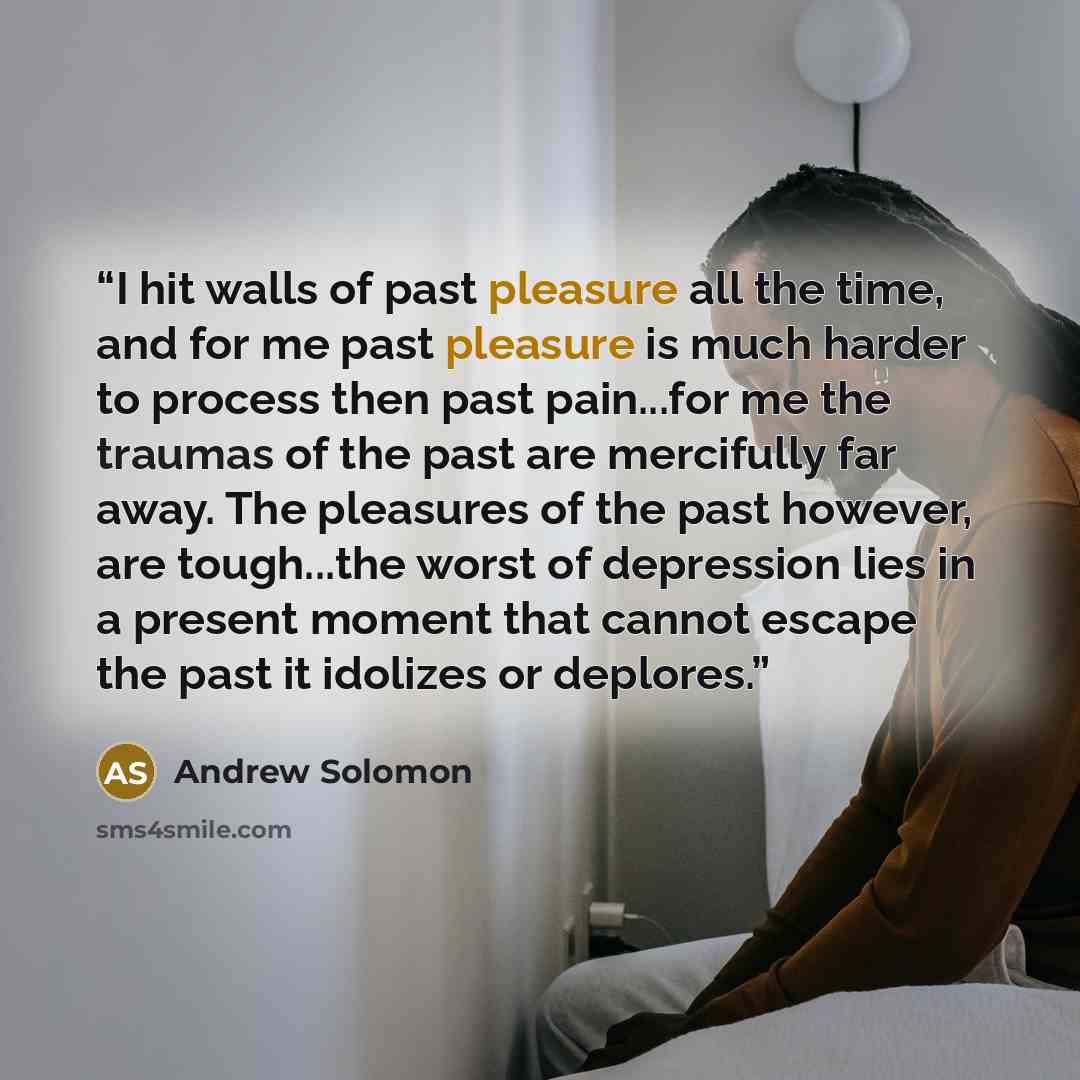 “I hit walls of past pleasure all the time, and for me past pleasure is much harder to process then past pain...for me the traumas of the past are mercifully far away. The pleasures of the past however, are tough...the worst of depression lies in a present moment that cannot escape the past it…” quote by Andrew Solomon