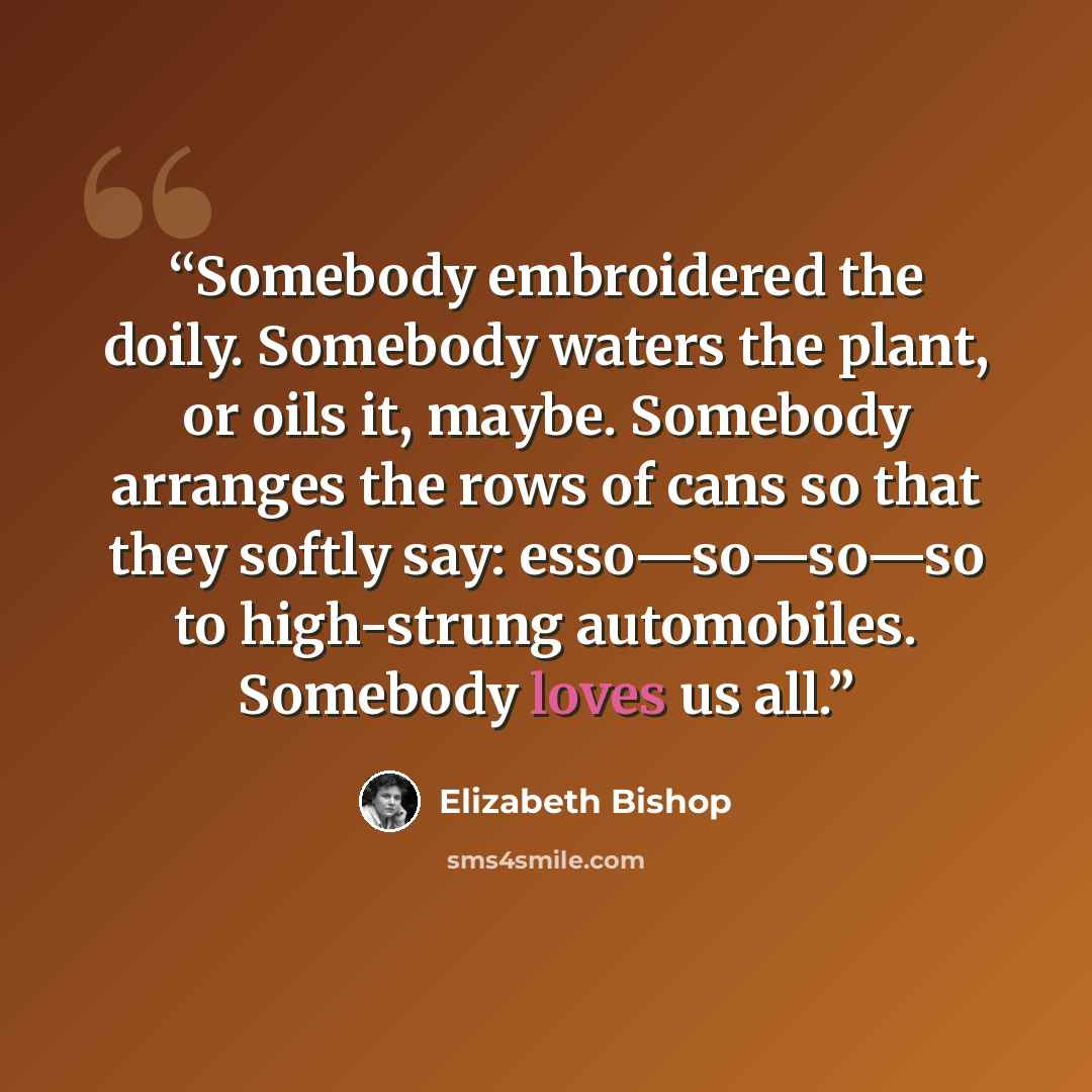 “Somebody embroidered the doily. Somebody waters the plant, or oils it, maybe. Somebody arranges the rows of cans so that they softly say: esso—so—so—so to high-strung automobiles. Somebody loves us all.” quote by Elizabeth Bishop