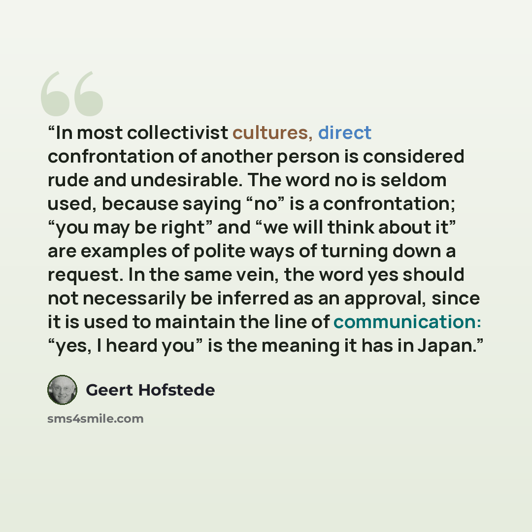 “In most collectivist cultures, direct confrontation of another person is considered rude and undesirable. The word no is seldom used, because saying “no” is a confrontation; “you may be right” and “we will think about it” are examples of polite ways of turning down a request. In the same vein, the…” quote by Geert Hofstede