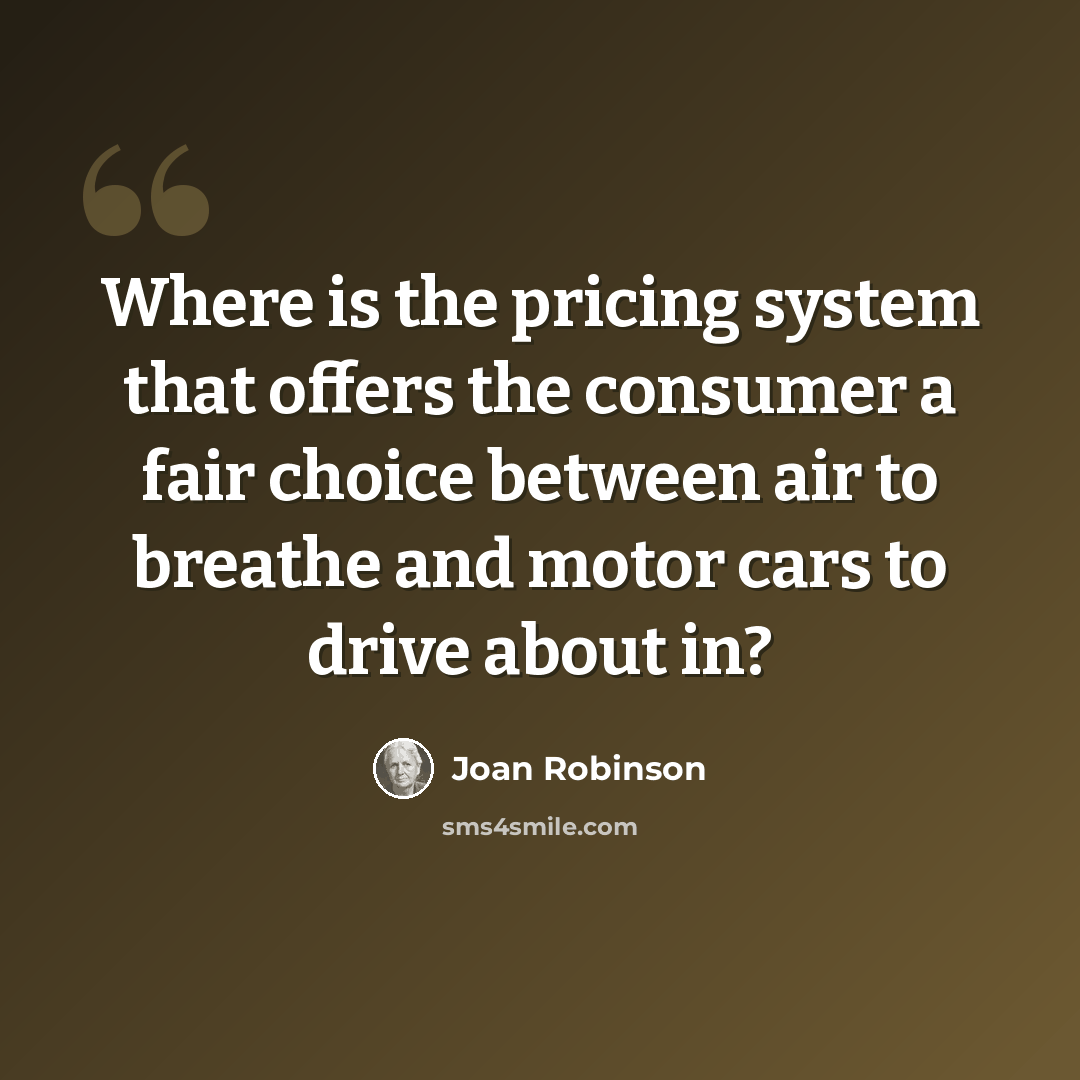 “Where is the pricing system that offers the consumer a fair choice between air to breathe and motor cars to drive about in?” quote by Joan Robinson