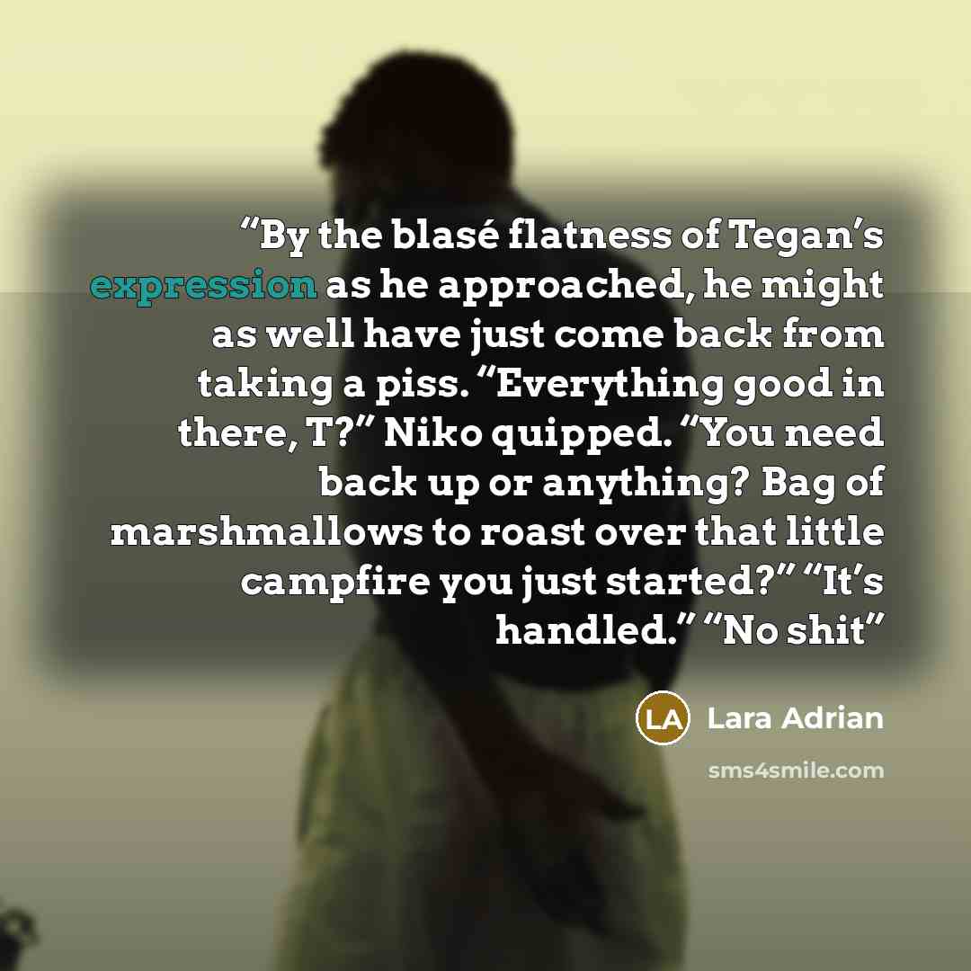 “By the blasé flatness of Tegan’s expression as he approached, he might as well have just come back from taking a piss. “Everything good in there, T?” Niko quipped. “You need back up or anything? Bag of marshmallows to roast over that little campfire you just started?” “It’s handled.” “No shit” quote by Lara Adrian