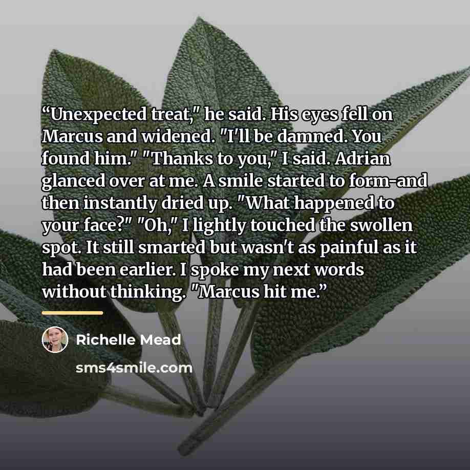 “Unexpected treat," he said. His eyes fell on Marcus and widened. "I'll be damned. You found him." "Thanks to you," I said. Adrian glanced over at me. A smile started to form-and then instantly dried up. "What happened to your face?" "Oh," I lightly touched the swollen spot. It still smarted but…” quote by Richelle Mead