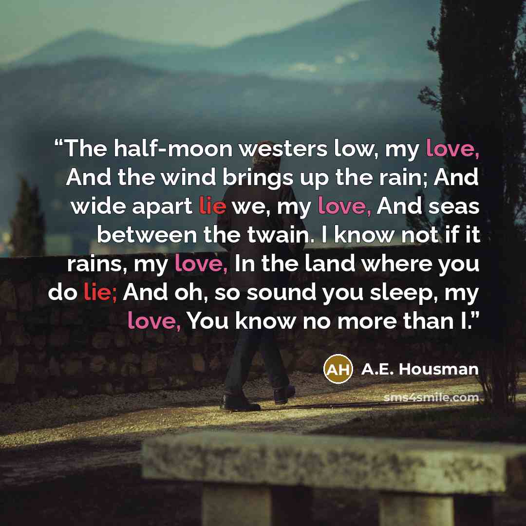 “The half-moon westers low, my love, And the wind brings up the rain; And wide apart lie we, my love, And seas between the twain. I know not if it rains, my love, In the land where you do lie; And oh, so sound you sleep, my love, You know no more than I.” quote by A.E. Housman