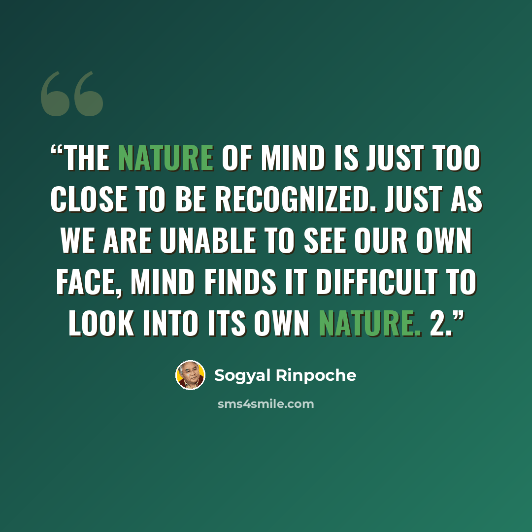 “The nature of mind is just too close to be recognized. Just as we are unable to see our own face, mind finds it difficult to look into its own nature. 2.” quote by Sogyal Rinpoche