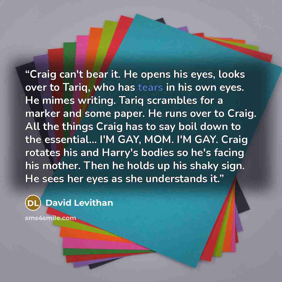 “Craig can't bear it. He opens his eyes, looks over to Tariq, who has tears in his own eyes. He mimes writing. Tariq scrambles for a marker and some paper. He runs over to Craig. All the things Craig has to say boil down to the essential... I'M GAY, MOM. I'M GAY. Craig rotates his and Harry's…” quote by David Levithan