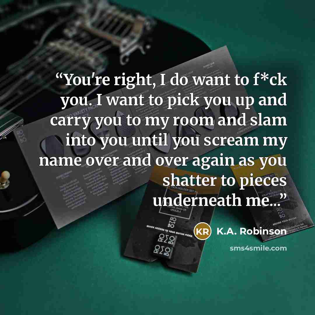 “You're right, I do want to f*ck you. I want to pick you up and carry you to my room and slam into you until you scream my name over and over again as you shatter to pieces underneath me...” quote by K.A. Robinson