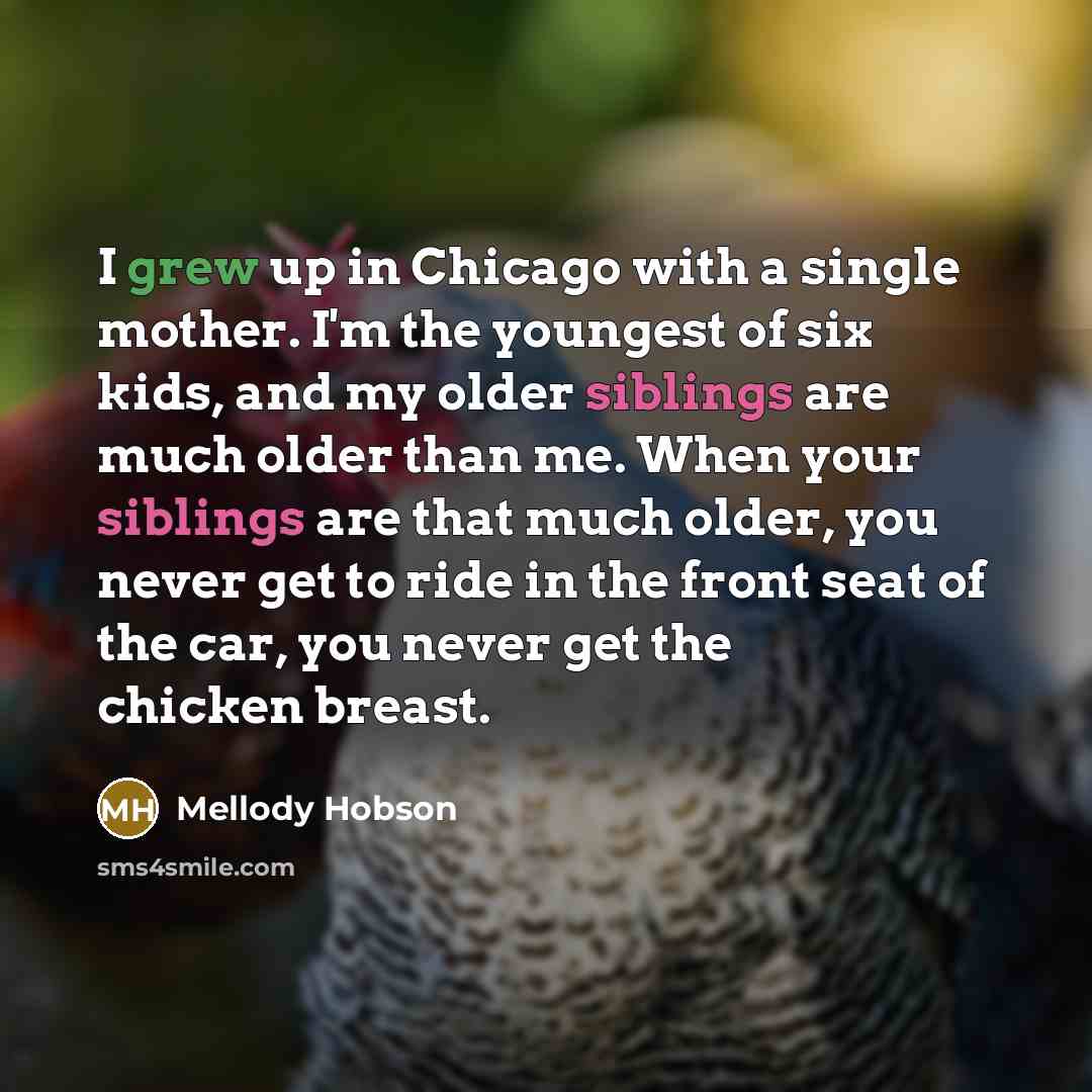 “I grew up in Chicago with a single mother. I'm the youngest of six kids, and my older siblings are much older than me. When your siblings are that much older, you never get to ride in the front seat of the car, you never get the chicken breast.” quote by Mellody Hobson