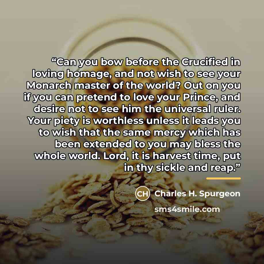 “Can you bow before the Crucified in loving homage, and not wish to see your Monarch master of the world? Out on you if you can pretend to love your Prince, and desire not to see him the universal ruler. Your piety is worthless unless it leads you to wish that the same mercy which has been extended…” quote by Charles H. Spurgeon