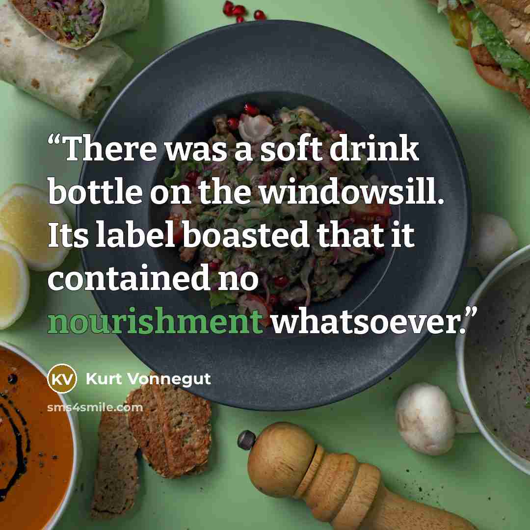 “There was a soft drink bottle on the windowsill. Its label boasted that it contained no nourishment whatsoever.” quote by Kurt Vonnegut