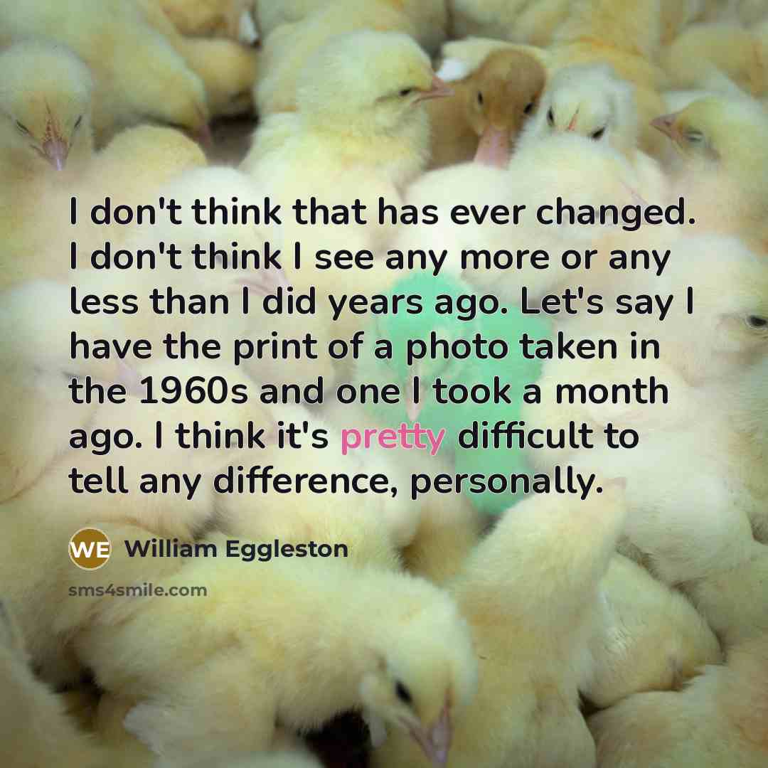 “I don't think that has ever changed. I don't think I see any more or any less than I did years ago. Let's say I have the print of a photo taken in the 1960s and one I took a month ago. I think it's pretty difficult to tell any difference, personally.” quote by William Eggleston