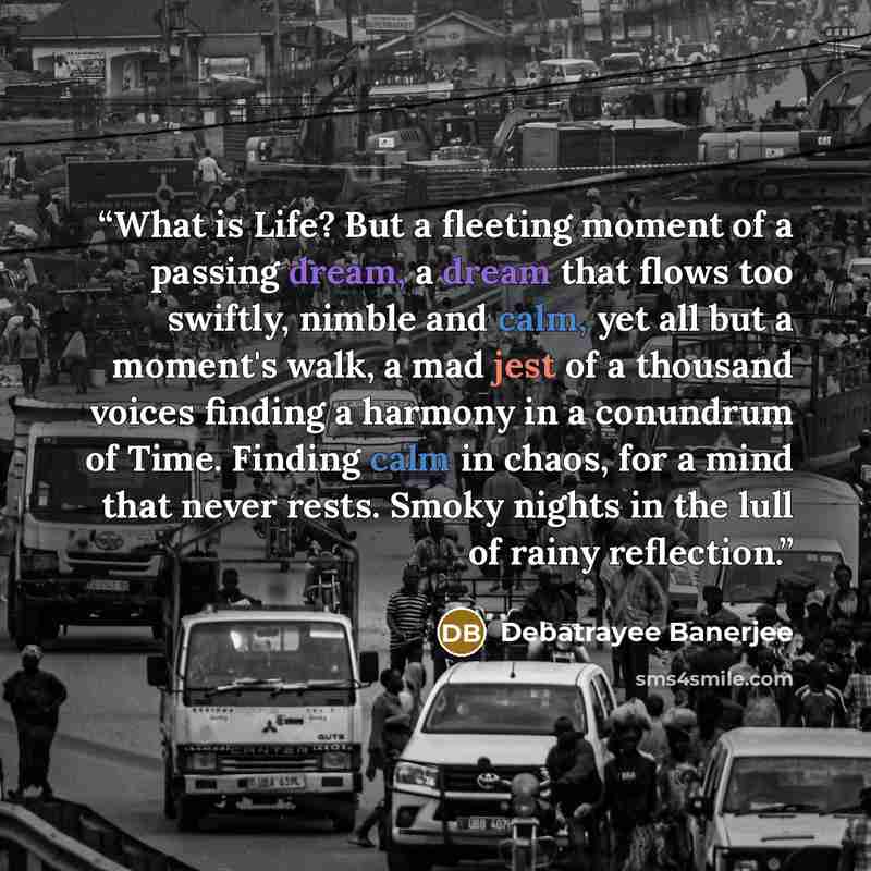 “What is Life? But a fleeting moment of a passing dream, a dream that flows too swiftly, nimble and calm, yet all but a moment's walk, a mad jest of a thousand voices finding a harmony in a conundrum of Time. Finding calm in chaos, for a mind that never rests. Smoky nights in the lull of rainy…” quote by Debatrayee Banerjee