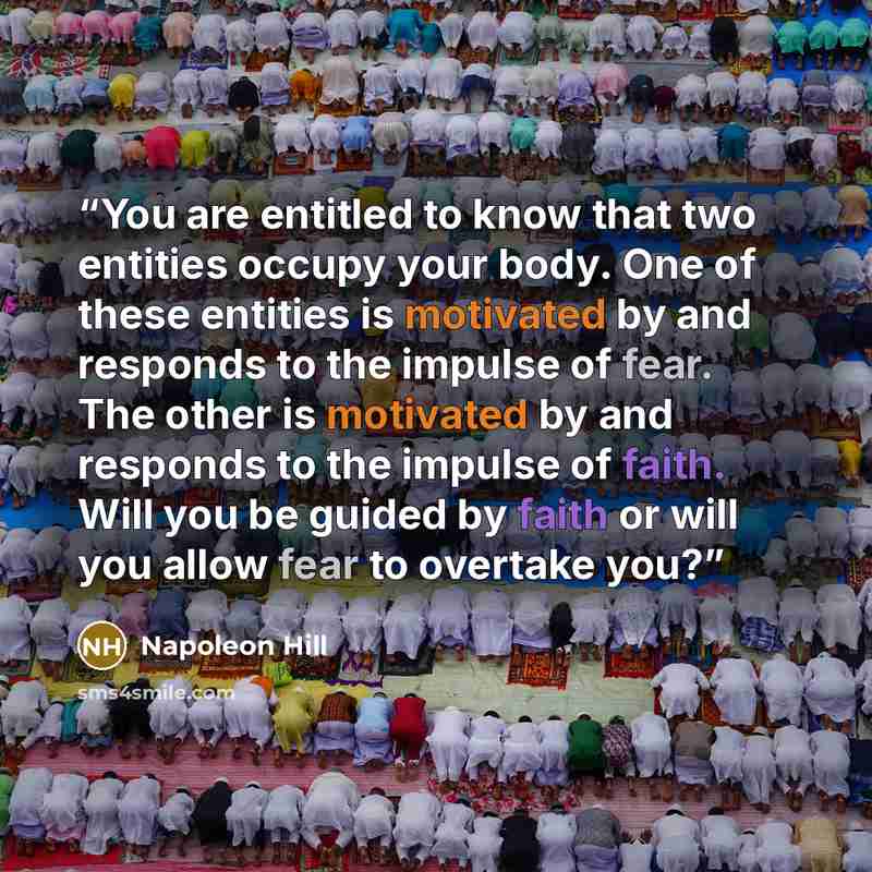 “You are entitled to know that two entities occupy your body. One of these entities is motivated by and responds to the impulse of fear. The other is motivated by and responds to the impulse of faith. Will you be guided by faith or will you allow fear to overtake you?” quote by Napoleon Hill