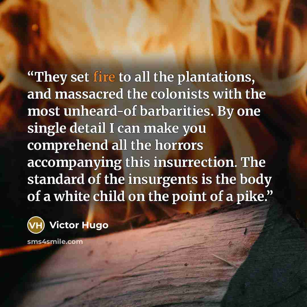 “They set fire to all the plantations, and massacred the colonists with the most unheard-of barbarities. By one single detail I can make you comprehend all the horrors accompanying this insurrection. The standard of the insurgents is the body of a white child on the point of a pike.” quote by Victor Hugo