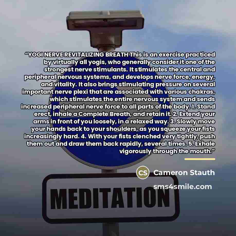 “YOGI NERVE REVITALIZING BREATH This is an exercise practiced by virtually all yogis, who generally consider it one of the strongest nerve stimulants. It stimulates the central and peripheral nervous systems, and develops nerve force, energy, and vitality. It also brings stimulating pressure on…” quote by Cameron Stauth