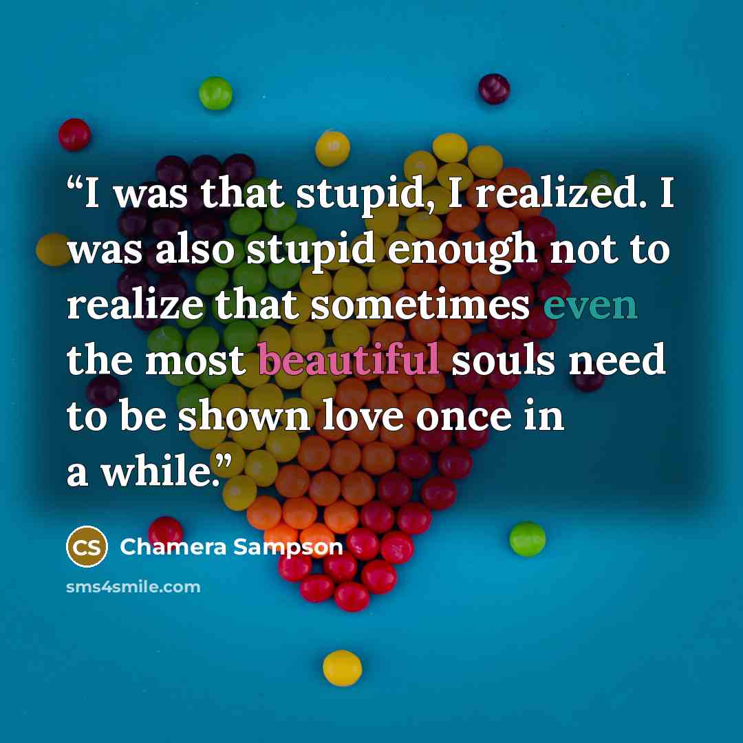 “I was that stupid, I realized. I was also stupid enough not to realize that sometimes even the most beautiful souls need to be shown love once in a while.” quote by Chamera Sampson