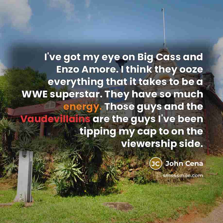 “I've got my eye on Big Cass and Enzo Amore. I think they ooze everything that it takes to be a WWE superstar. They have so much energy. Those guys and the Vaudevillains are the guys I've been tipping my cap to on the viewership side.” quote by John Cena