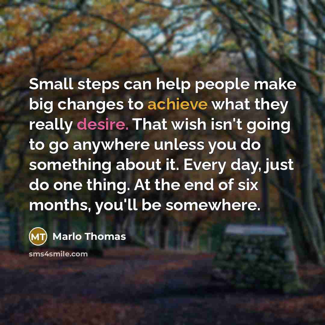 “Small steps can help people make big changes to achieve what they really desire. That wish isn't going to go anywhere unless you do something about it. Every day, just do one thing. At the end of six months, you'll be somewhere.” quote by Marlo Thomas