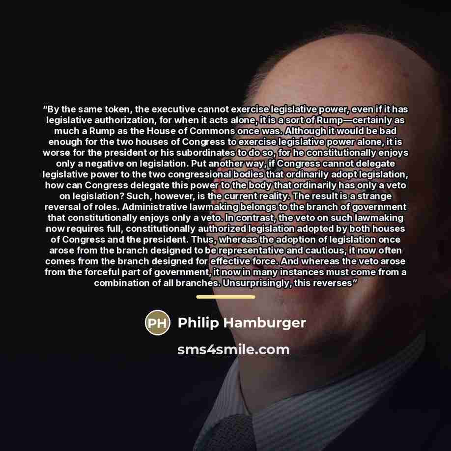 “By the same token, the executive cannot exercise legislative power, even if it has legislative authorization, for when it acts alone, it is a sort of Rump—certainly as much a Rump as the House of Commons once was. Although it would be bad enough for the two houses of Congress to exercise…” quote by Philip Hamburger
