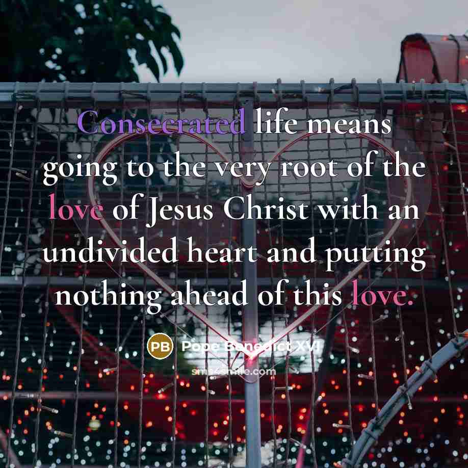“Consecrated life means going to the very root of the love of Jesus Christ with an undivided heart and putting nothing ahead of this love.” quote by Pope Benedict XVI