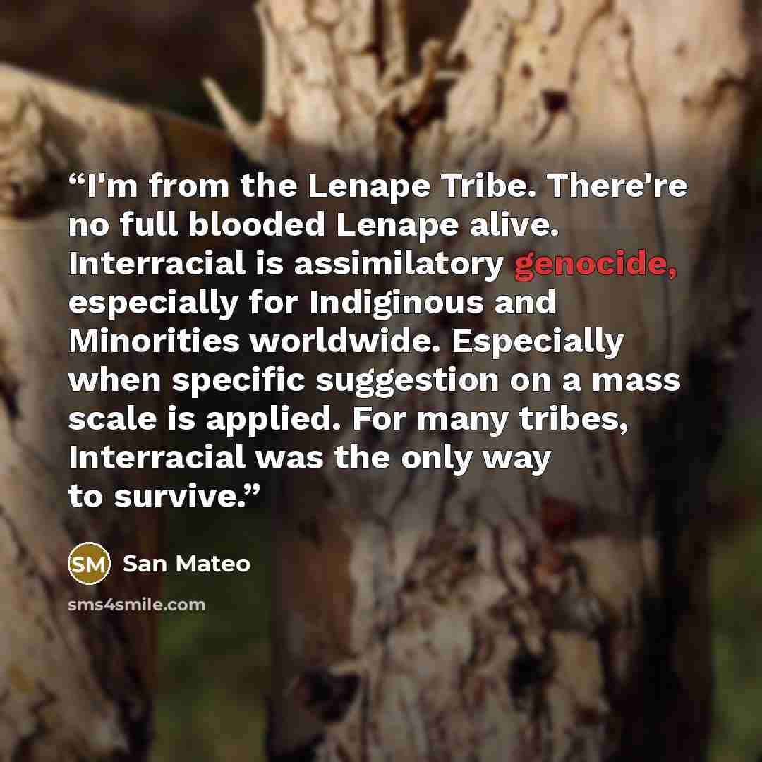 “I'm from the Lenape Tribe. There're no full blooded Lenape alive. Interracial is assimilatory genocide, especially for Indiginous and Minorities worldwide. Especially when specific suggestion on a mass scale is applied. For many tribes, Interracial was the only way to survive.” quote by San Mateo